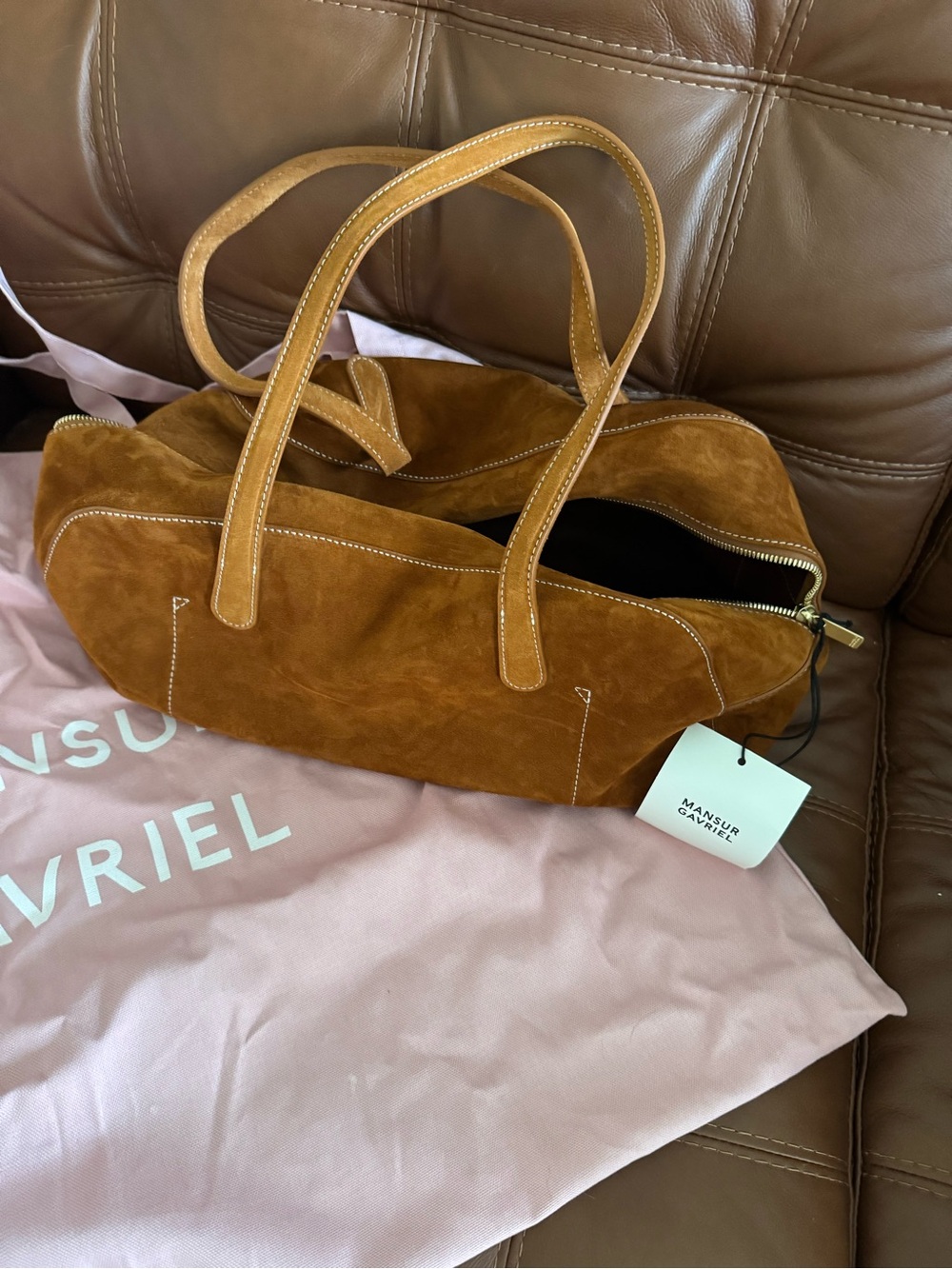 Brand New Mansur Gavriel Suede Leather Top-Handle Bowler bag in Cognac - Picture 3 of 5